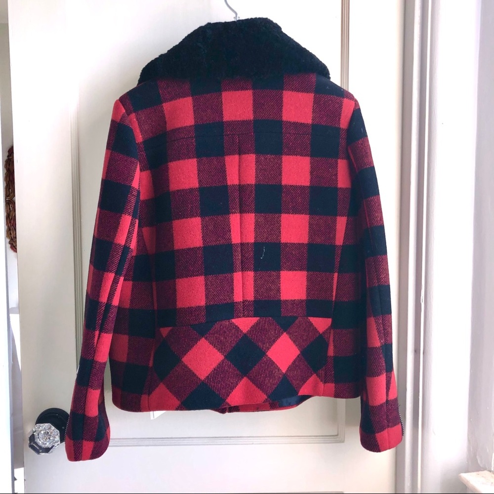 NWT Sandro Minds Shearling Red Plaid Moto Jacket - Picture 2 of 10